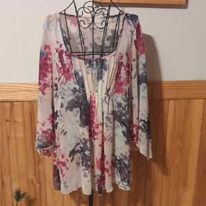 Studio Y Blouse Top Sheer Flowy Multi Color Abstract 3/4 Bell Sleeves XL NICE
